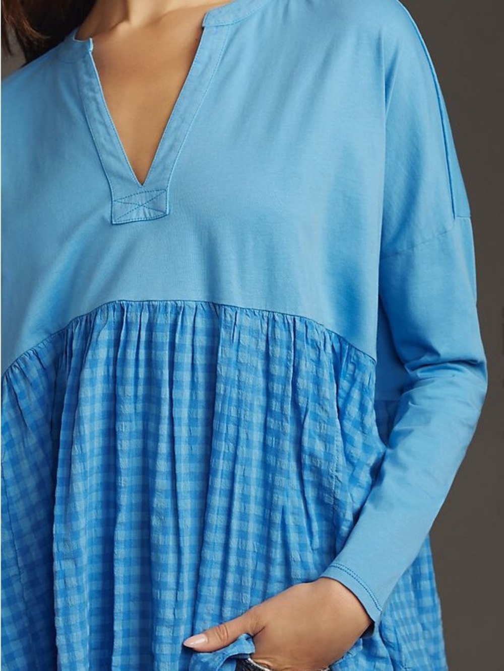 Pilcro Anthropologie Long Sleeve Gingham Babydoll Blouse Blue Small